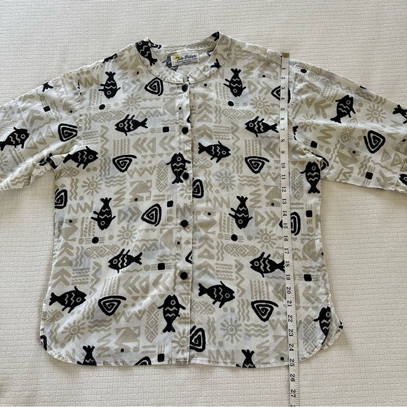Vintage Two Potato Laguna Beach Men’s Shirt Band Collar Fish Ethnic Print Size L - Picture 10 of 11
